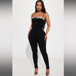 Fashion Nova Black Lace-Trim Jumpsuit